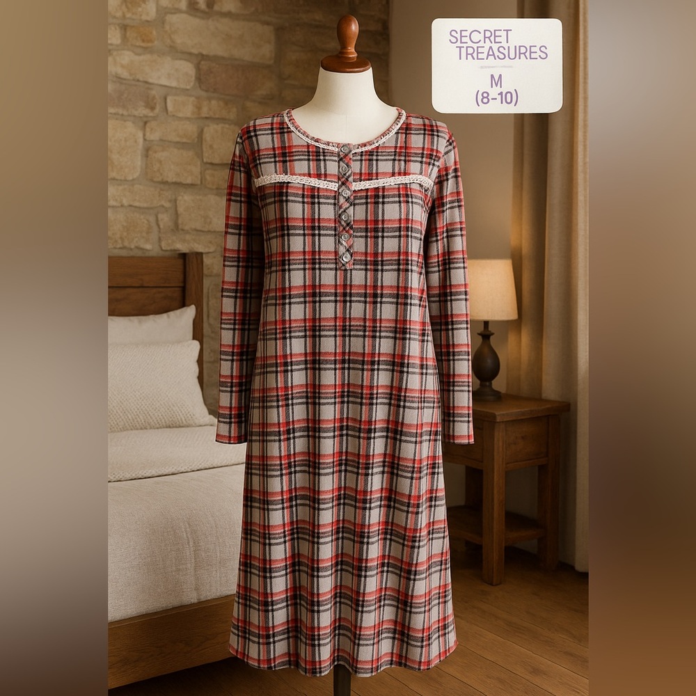 Secret Treasures Plaid Fleece Nightgown Medium Red Black Lace Trim Cozy